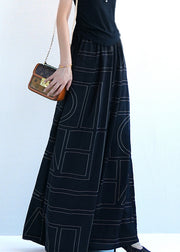 Black Geometric Pockets Cotton Wide Leg Pants Elastic Waist Summer