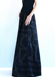 Black Geometric Pockets Cotton Wide Leg Pants Elastic Waist Summer