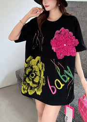 Black Graffiti Print Cotton Tanks Floral Decorated Summer