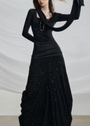 Black High Waist Solid Cotton Two Pieces Set Hollow Out