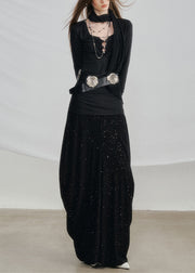 Black High Waist Solid Cotton Two Pieces Set Hollow Out