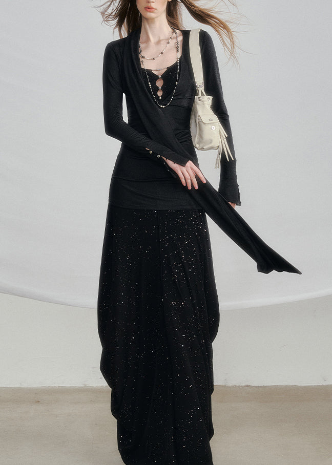 Black High Waist Solid Cotton Two Pieces Set Hollow Out