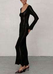 Black High Waist Solid Knit Long Dresses V Neck Spring