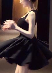 Black High Waist Solid Pleated Dress V Neck Summer