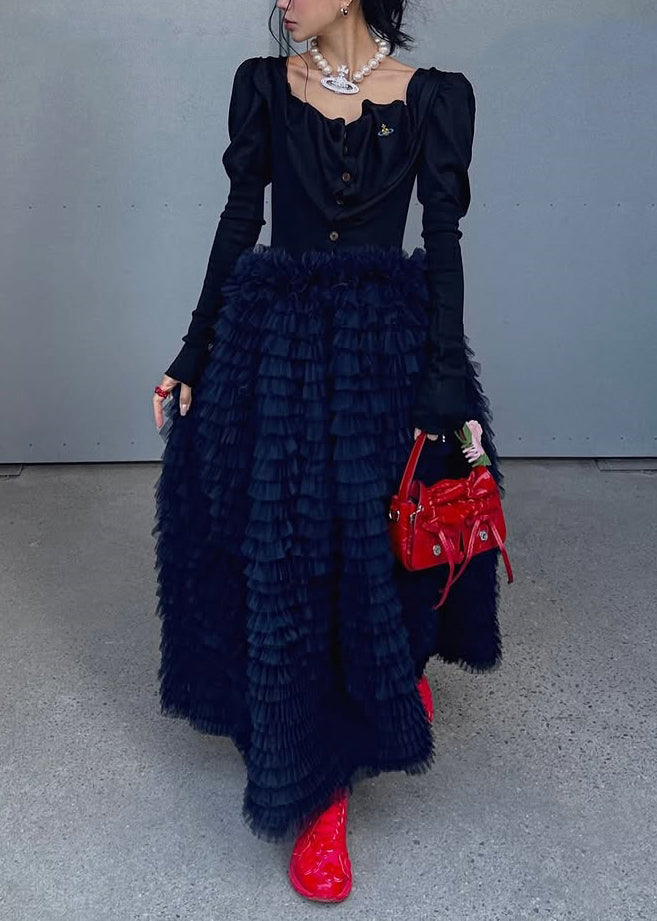 Black High Waist Solid Tulle Maxi Skirts Ruffled