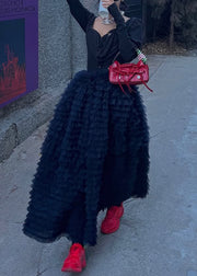 Black High Waist Solid Tulle Maxi Skirts Ruffled