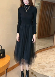 Black High Waist Tulle Patchwork Knit Long Sweater O Neck Winter