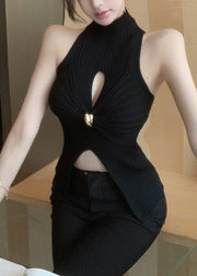 Black Hollow Out Knit Tank Turtleneck Sleeveless