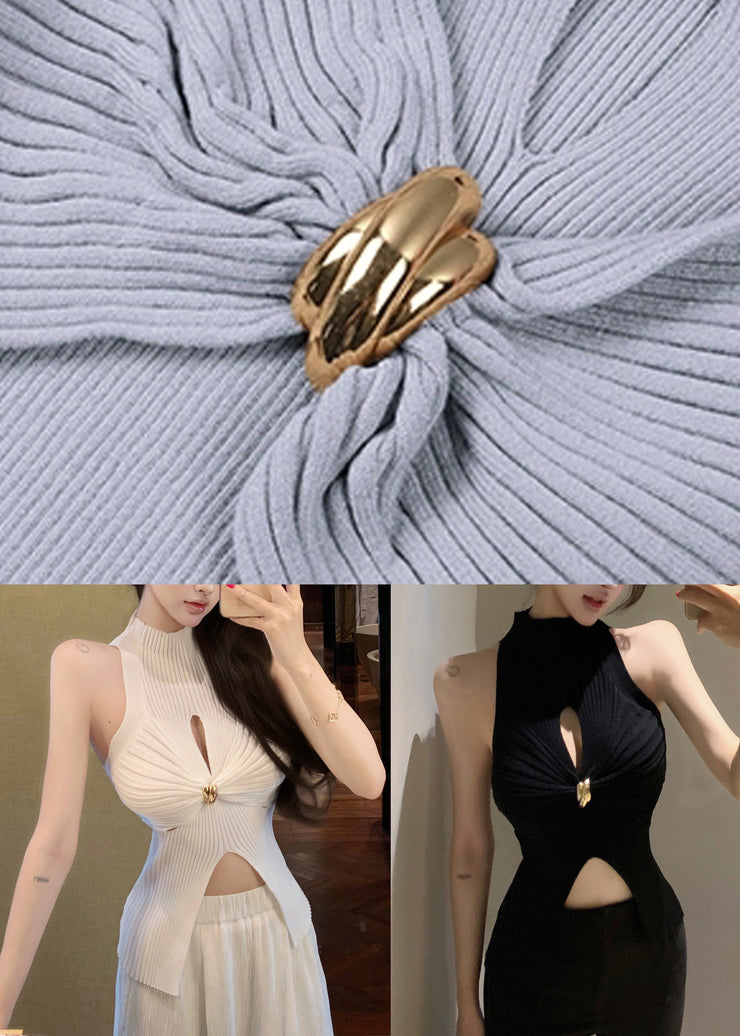 Black Hollow Out Knit Tank Turtleneck Sleeveless