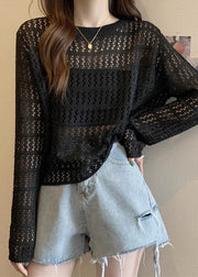 Black Hollow Out Solid Knit T Shirts O Neck Long Sleeve