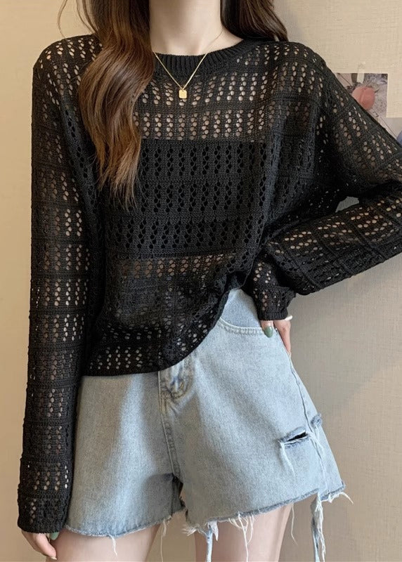 Black Hollow Out Solid Knit T Shirts O Neck Long Sleeve