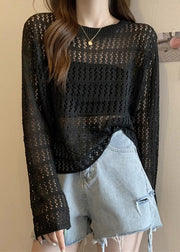 Black Hollow Out Solid Knit T Shirts O Neck Long Sleeve