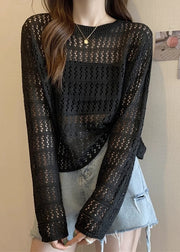 Black Hollow Out Solid Knit T Shirts O Neck Long Sleeve
