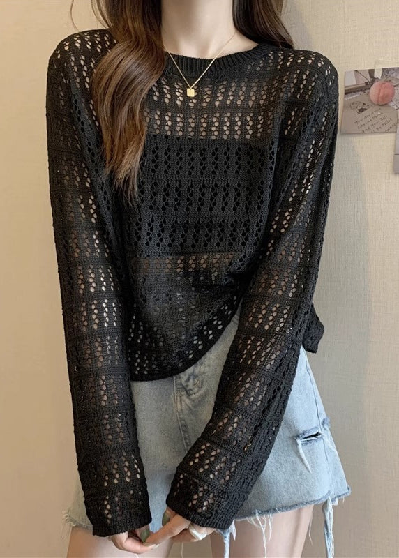 Black Hollow Out Solid Knit T Shirts O Neck Long Sleeve