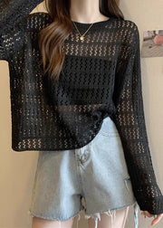 Black Hollow Out Solid Knit T Shirts O Neck Long Sleeve