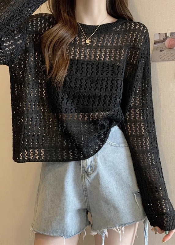 Black Hollow Out Solid Knit T Shirts O Neck Long Sleeve