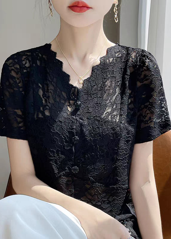 Black Hollow Out Solid Lace Summer Shirt V Neck