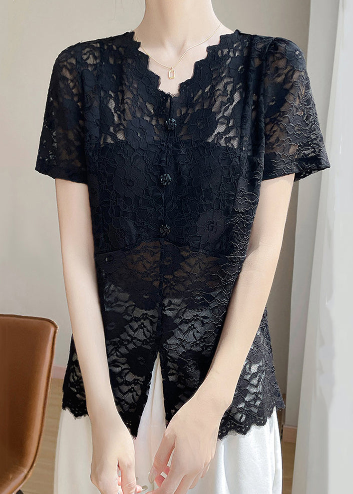 Black Hollow Out Solid Lace Summer Shirt V Neck