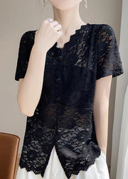 Black Hollow Out Solid Lace Summer Shirt V Neck