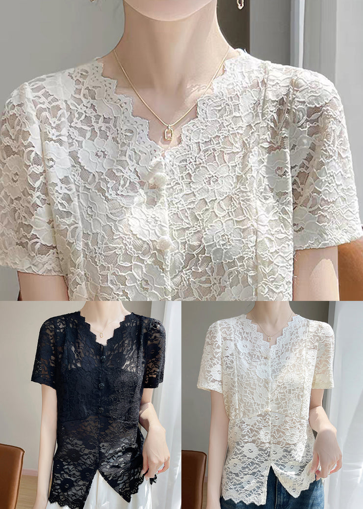 Black Hollow Out Solid Lace Summer Shirt V Neck