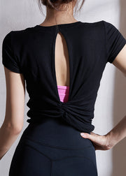 Black Hollow Out Solid Modal Cotton Yoga T Shirts