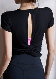 Black Hollow Out Solid Modal Cotton Yoga T Shirts