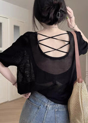 Black Hollow Out Solid Summer Knit T Shirts O Neck