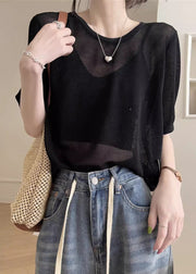 Black Hollow Out Solid Summer Knit T Shirts O Neck