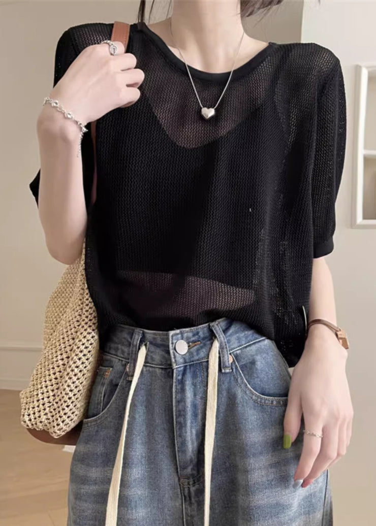 Black Hollow Out Solid Summer Knit T Shirts O Neck
