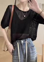 Black Hollow Out Solid Summer Knit T Shirts O Neck
