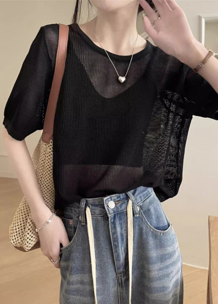 Black Hollow Out Solid Summer Knit T Shirts O Neck