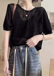 Black Hollow Out Solid Summer Knit T Shirts O Neck