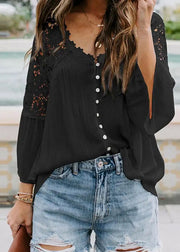 Black Hollow Out Solid Tops V Neck Fall