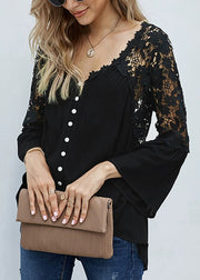 Black Hollow Out Solid Tops V Neck Fall