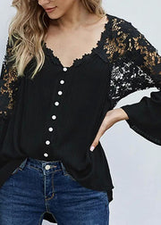 Black Hollow Out Solid Tops V Neck Fall