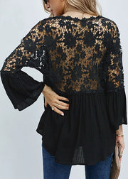 Black Hollow Out Solid Tops V Neck Fall