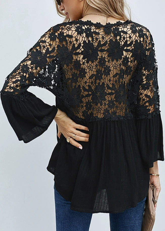Black Hollow Out Solid Tops V Neck Fall