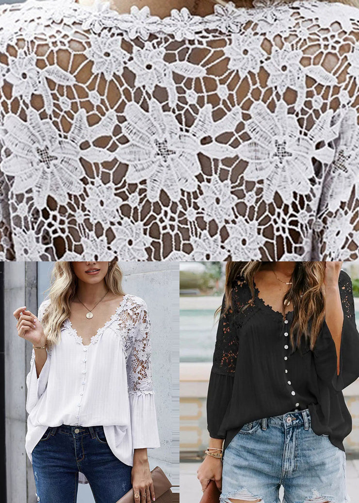 Black Hollow Out Solid Tops V Neck Fall
