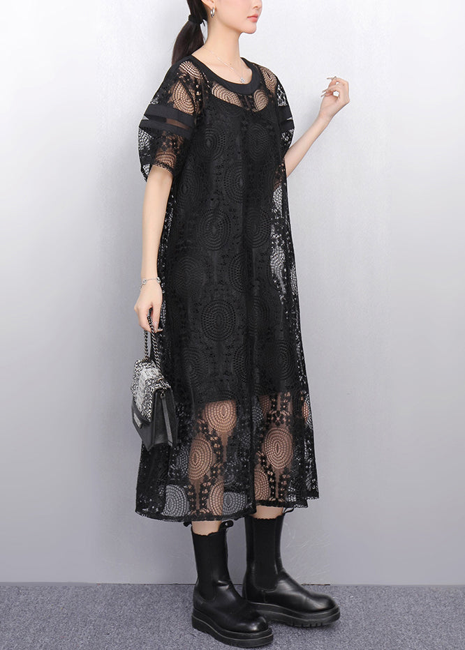 Black Hollow Out Tulle Long Dress Puff Sleeve