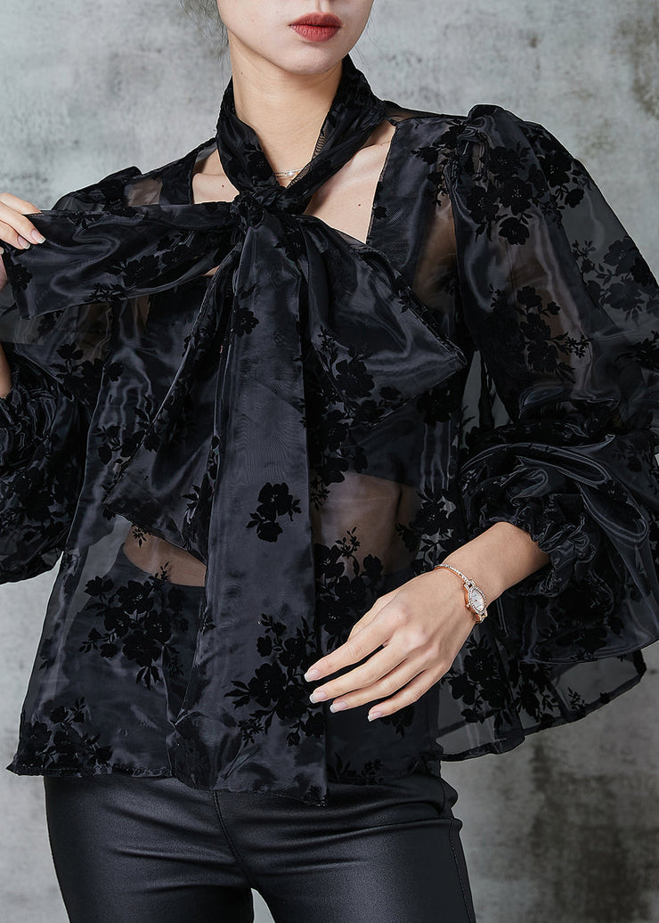 Black Jacquard Tulle Blouse Top Hollow Out Spring