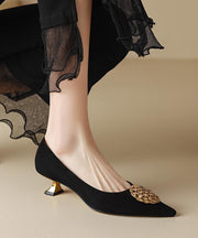 Black Kitten Suede French Splicing High Heels Pointed Toe