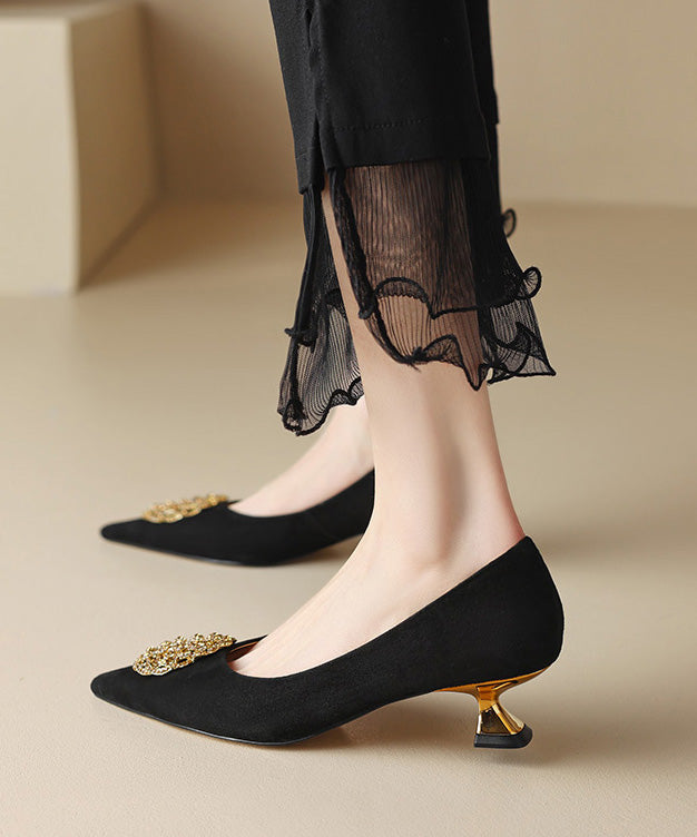 Black Kitten Suede French Splicing High Heels Pointed Toe