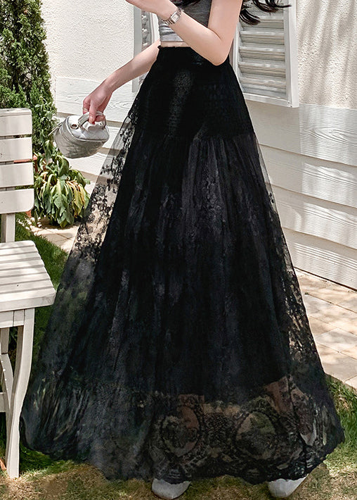 Black Lace Hollow Out Summer Tulle Skirts Elastic Waist