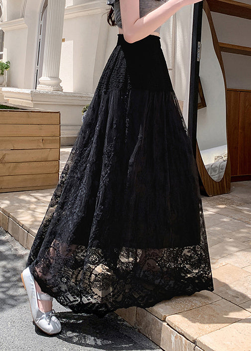 Black Lace Hollow Out Summer Tulle Skirts Elastic Waist