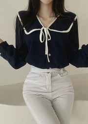 Black Lace Up Cotton Fall Shirt Peter Pan Collar