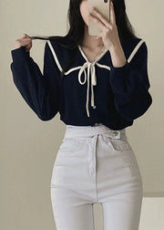 Black Lace Up Cotton Fall Shirt Peter Pan Collar