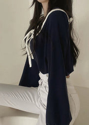Black Lace Up Cotton Fall Shirt Peter Pan Collar