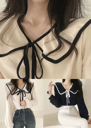 Black Lace Up Cotton Fall Shirt Peter Pan Collar