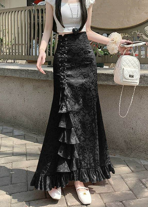 Black Lace Up Cotton Fishtail Skirts High Waist