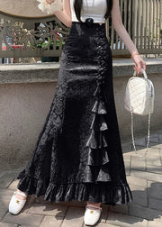 Black Lace Up Cotton Fishtail Skirts High Waist